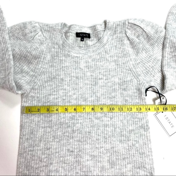1 State Ruffle Balloon Sleeve Crewneck Rib Sweater Silver in light Gray New - Picture 7 of 8